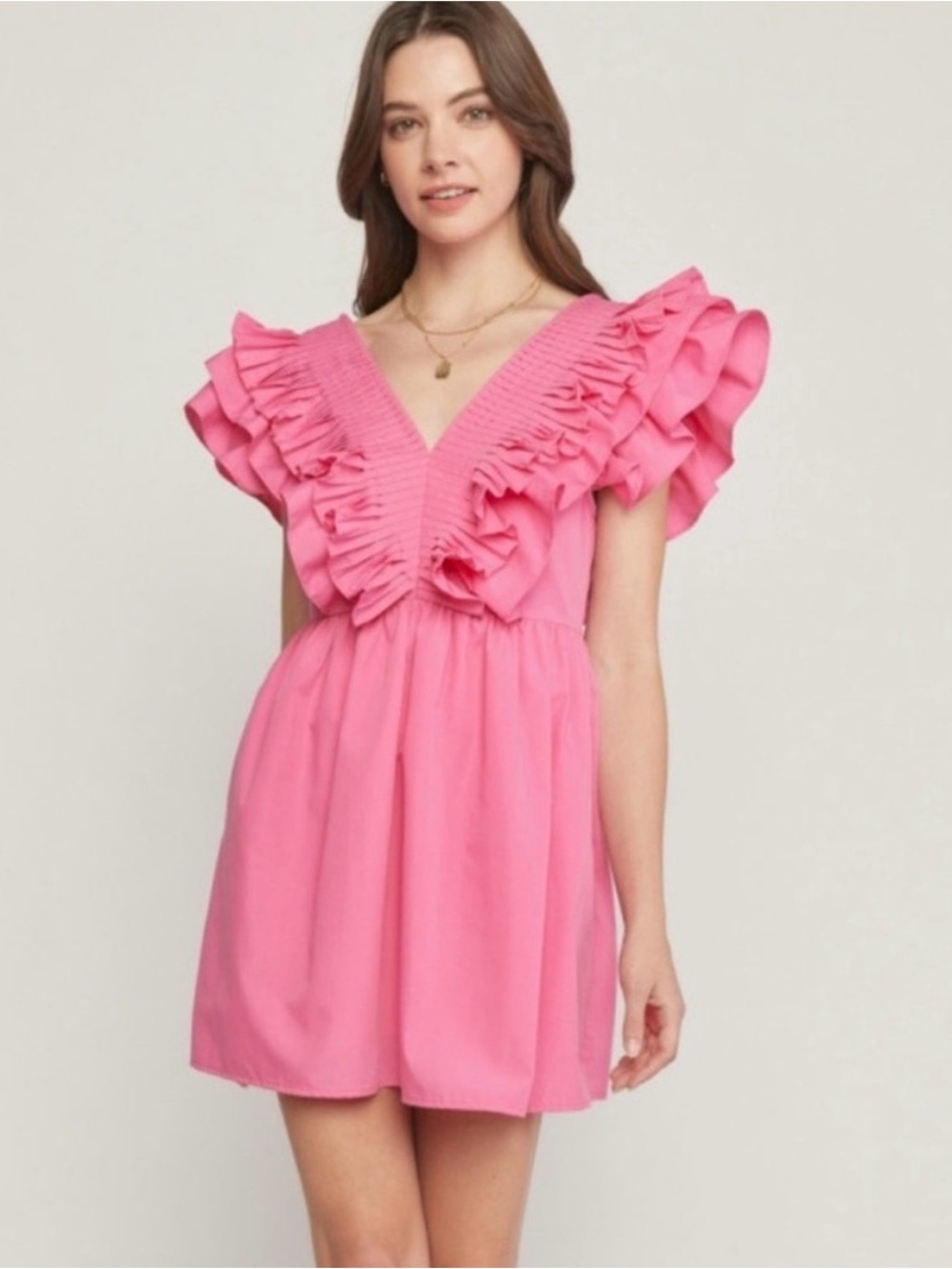 Entro Ruffle V-Neck Party Dress - Pink